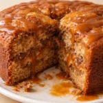 Gooey coffee caramel cake on a rustic wooden table with a warm mug of coffee in the background