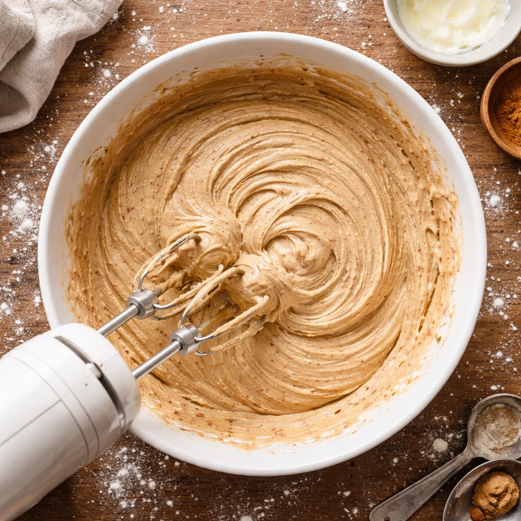 Gooey coffee caramel cake on a rustic wooden table with a warm mug of coffee in the background