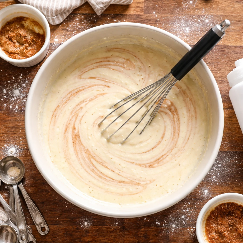 cinnamon roll pancakes stacked on a plate with syrup and powdered sugar breakfast recipe