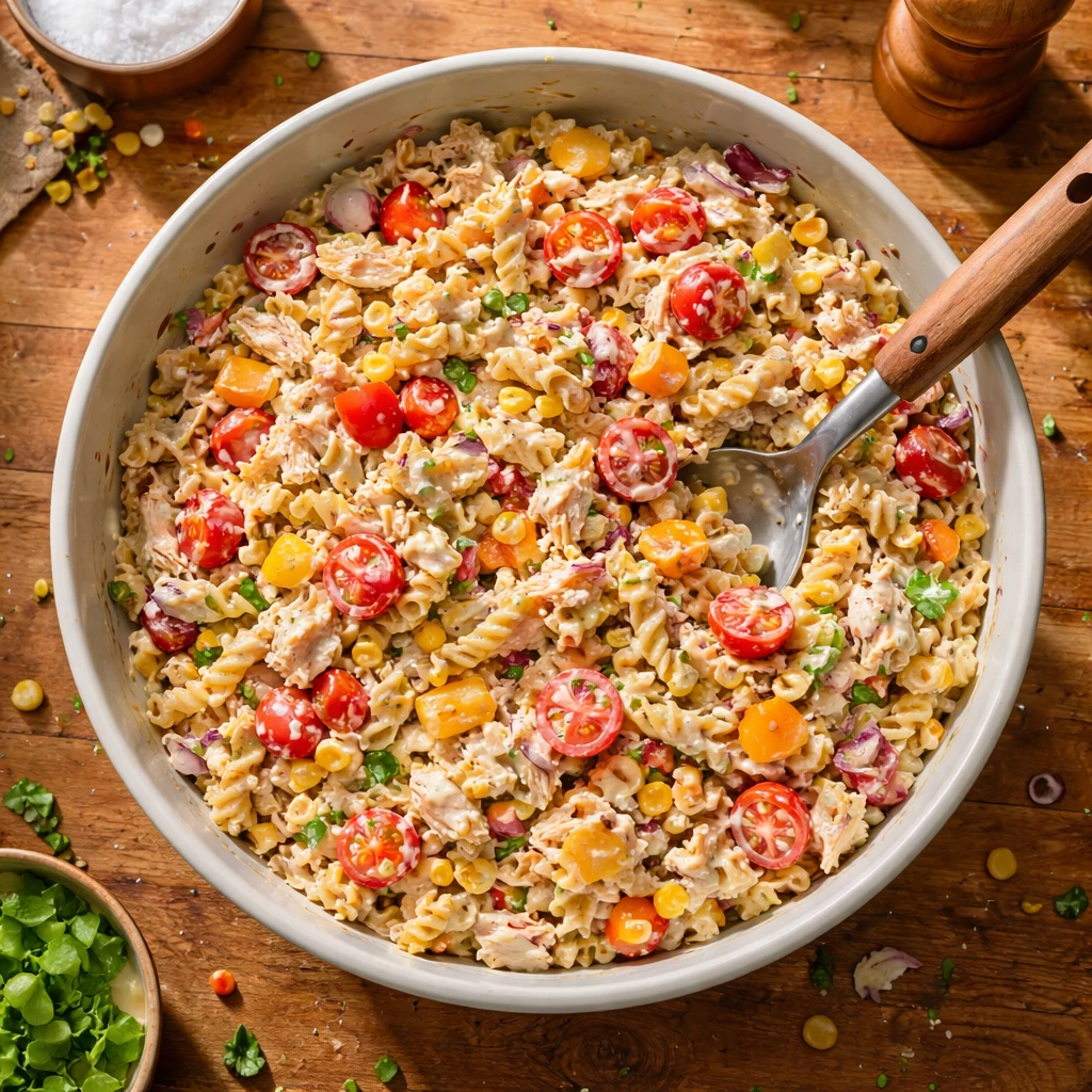 BBQ chicken ranch pasta salad with grilled chicken pasta and fresh vegetables bowl