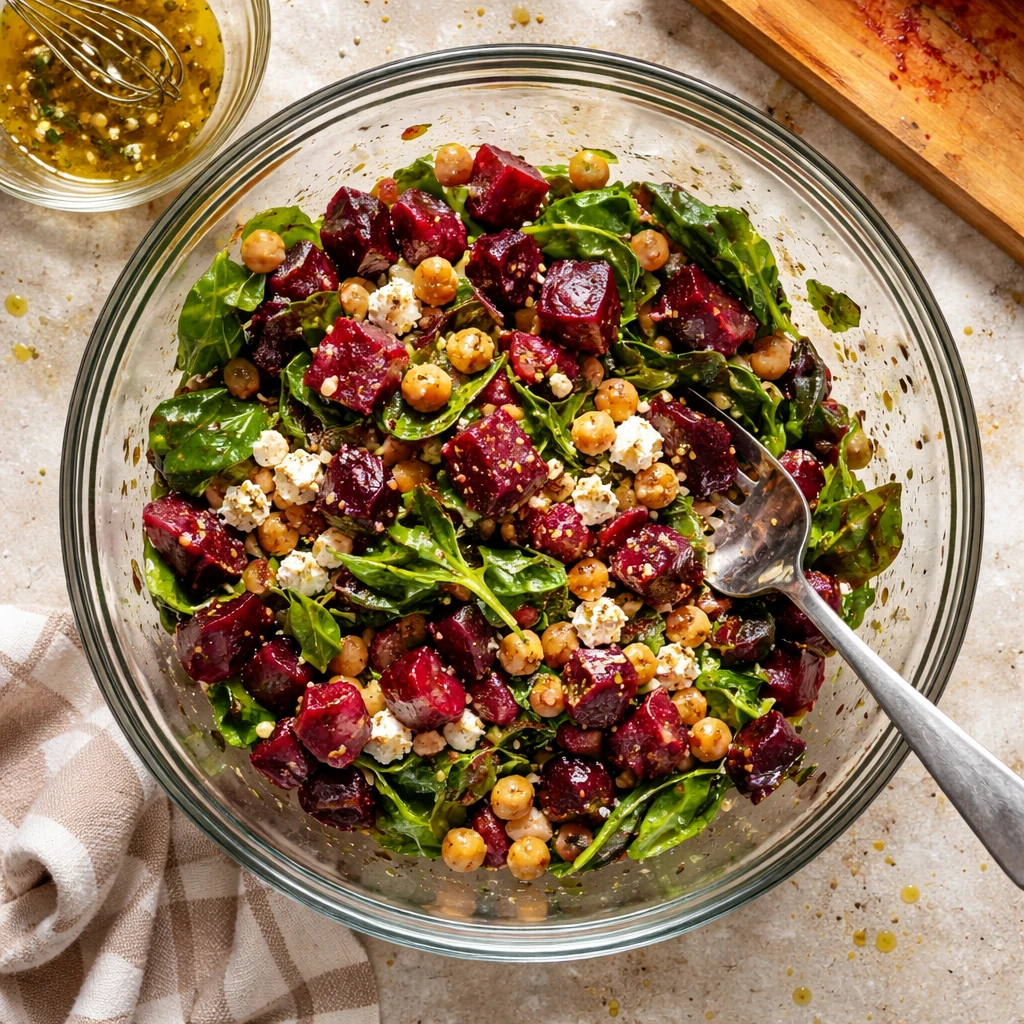chickpea beet and feta salad fresh colorful healthy vegetarian dinner recipe