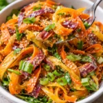 shaved rainbow carrot sesame salad fresh colorful vibrant side dish with sesame seeds and shredded rainbow carrots