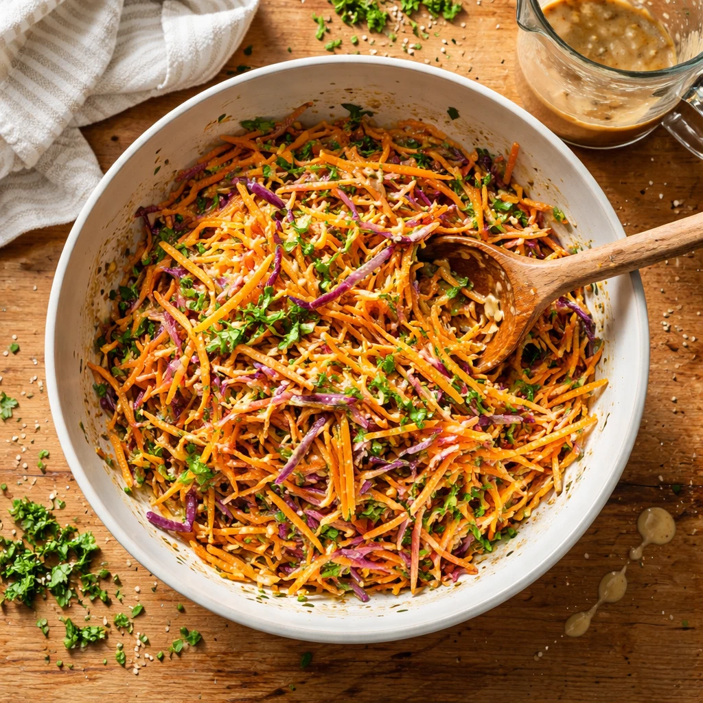 shaved rainbow carrot sesame salad fresh colorful vibrant side dish with sesame seeds and shredded rainbow carrots