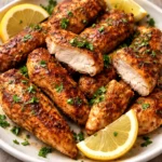 mediterranean chicken tenders plated with fresh herbs and lemon wedges on a rustic wooden table