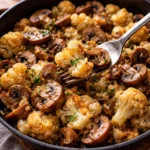 garlic mushrooms cauliflower skillet healthy easy dinner recipe with fresh vegetables in a skillet