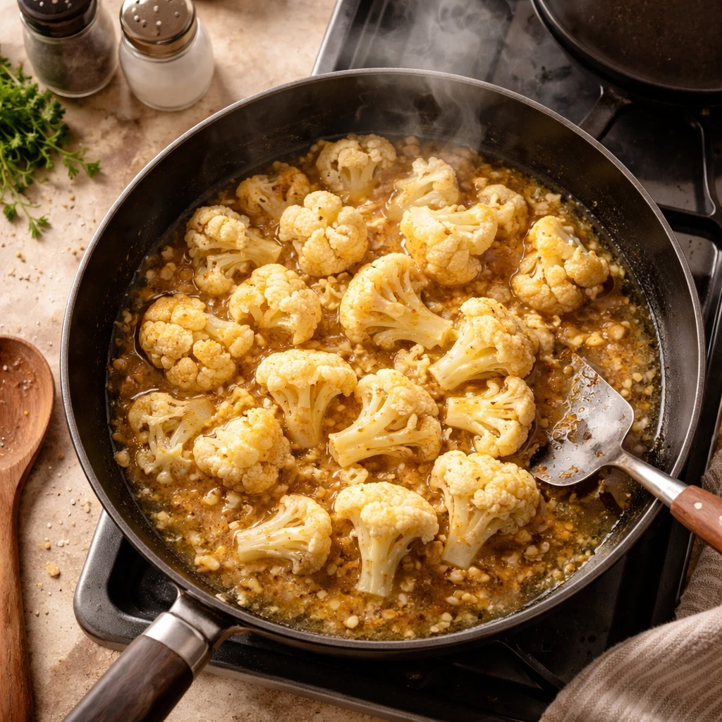 garlic mushrooms cauliflower skillet healthy easy dinner recipe with fresh vegetables in a skillet