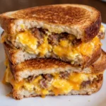 breakfast grilled cheese sandwich cooking in a skillet with melted cheese and eggs sizzling