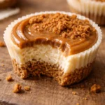 cookie butter cheesecake cups dessert with creamy layered filling in small cups on a white plate