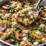 skillet cauliflower rice with mushrooms spinach and feta in a pan ready to serve nutritious easy dinner recipe