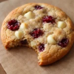 white chocolate cranberry cookies fresh baked with melted chocolate and tart cranberries on rustic kitchen background