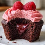 chocolate raspberry cupcakes fresh baked sweet dessert with raspberry topping on white plate