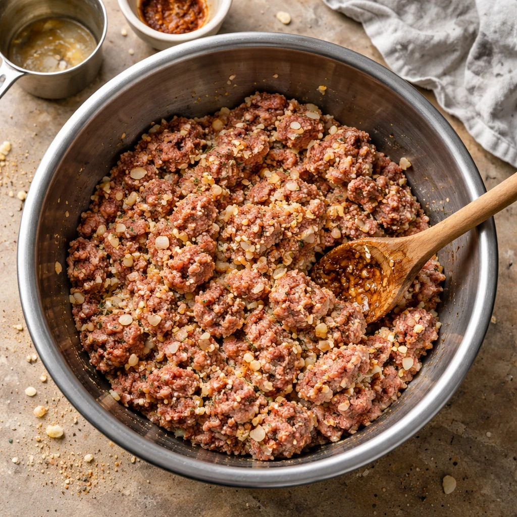 Salisbury steak meatballs served with creamy garlic herb mashed potatoes on a white plate