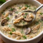 creamy mushroom and rotisserie chicken soup in a bowl with steam rising on a wooden table