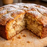 easy apple cake slice with cinnamon and butter on wooden table