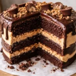 peanut butter chocolate layer cake slice on a plate homemade dessert recipe