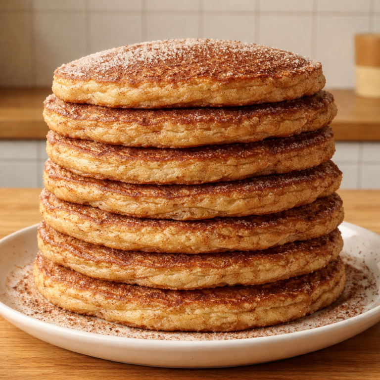 plate of irresistible Spanish churro pancakes with cinnamon and sugar on a white plate