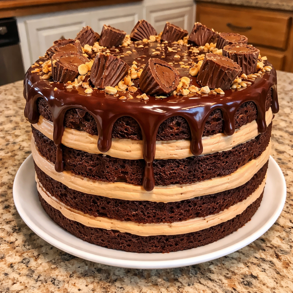 peanut butter chocolate layer cake slice on a plate with creamy frosting and chocolate layers