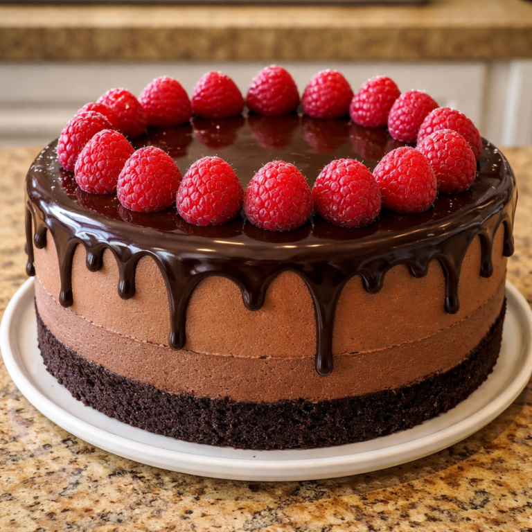 dark chocolate raspberry mousse cake with fresh raspberries on top and smooth creamy texture