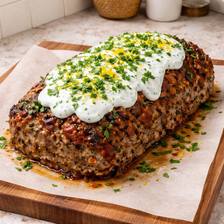 mediterranean meatloaf with garlic herb yogurt sauce plated serving classic comfort food