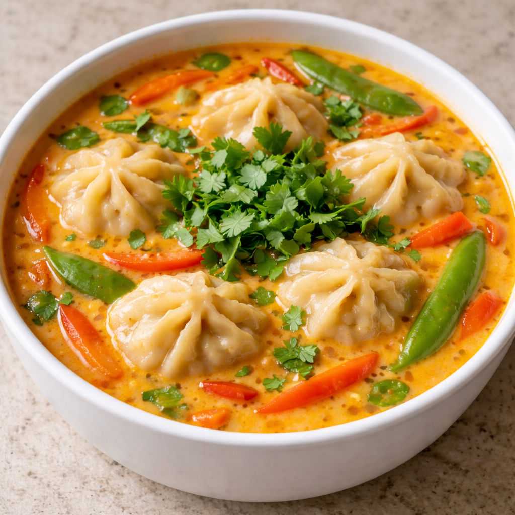 bowl of coconut curry soup with dumplings warm comforting flavorful nourishing meal