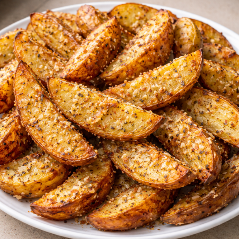 baked garlic parmesan potato wedges fresh golden crispy seasoned potato wedges on a rustic plate