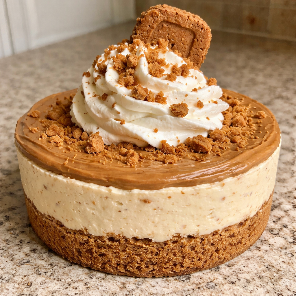 cookie butter cheesecake cups dessert on white plate with fresh berries and mint leaves