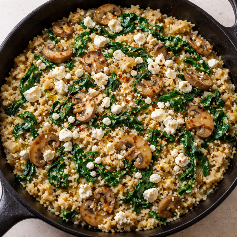skillet cauliflower rice with mushrooms spinach and feta cooked in a pan with fresh vegetables and herbs