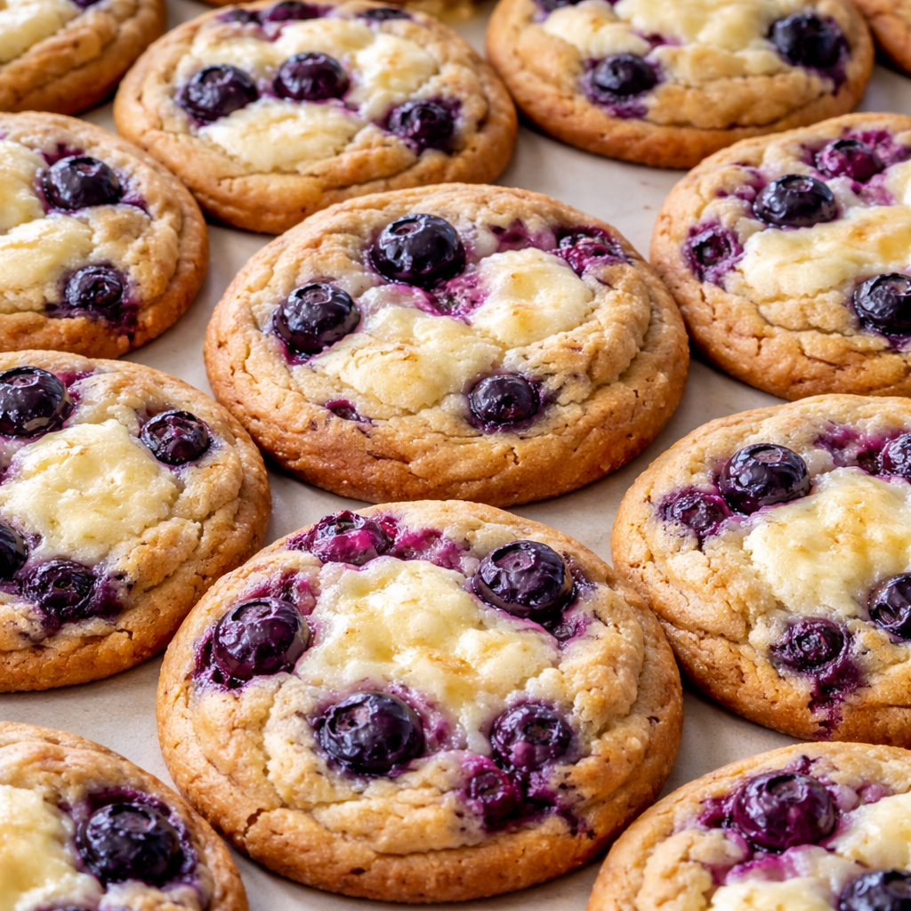 blueberry cheesecake cookies freshly baked soft chewy dessert treat with blueberries and cream cheese filling
