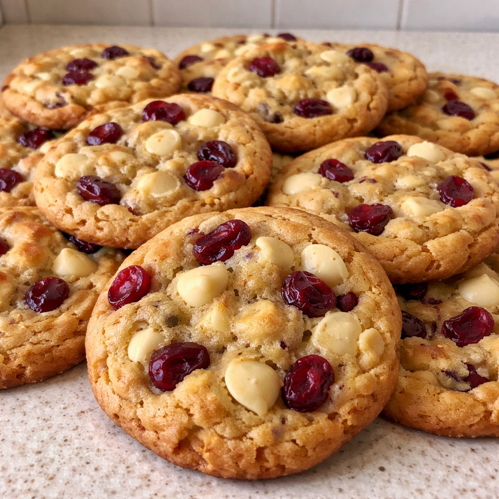 white chocolate cranberry cookies fresh from the oven on a baking sheet with melted chocolate and cranberries visible
