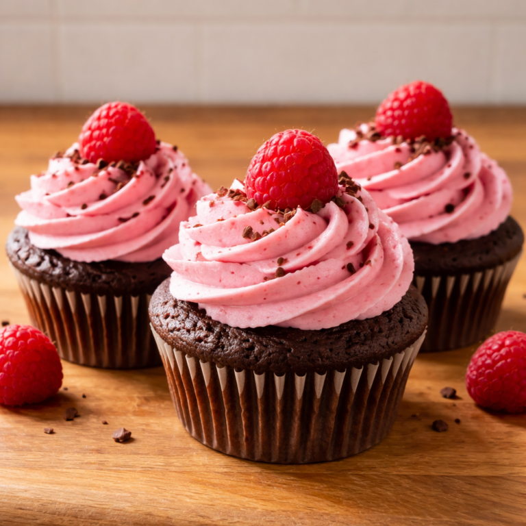 chocolate raspberry cupcakes with fresh raspberries and rich chocolate frosting on a plate