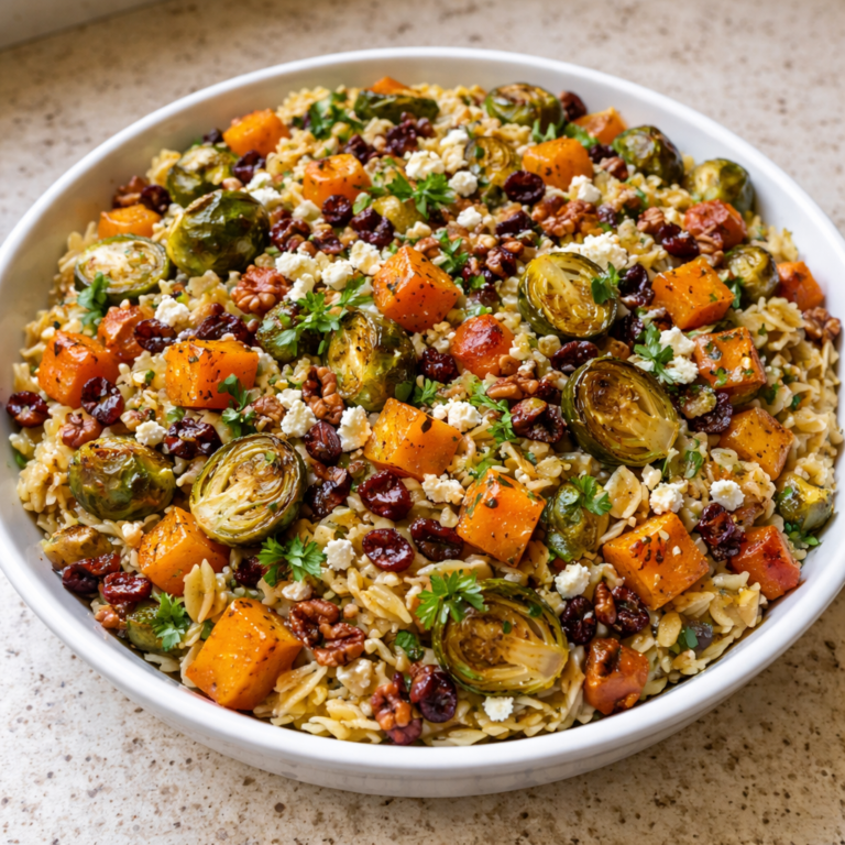 fall harvest orzo salad in a warm kitchen with autumn colors and fresh seasonal ingredients on the dining table