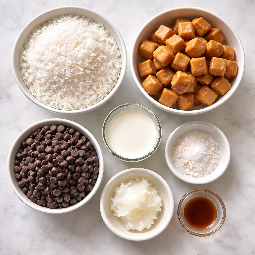 no bake samoa cookies with toasted coconut caramel and drizzled chocolate on a white plate