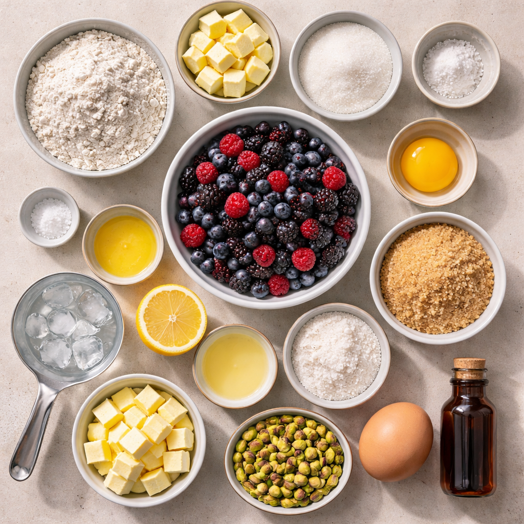 blackberry pistachio dream bars homemade dessert with fresh blackberries and crushed pistachios on rustic wooden table