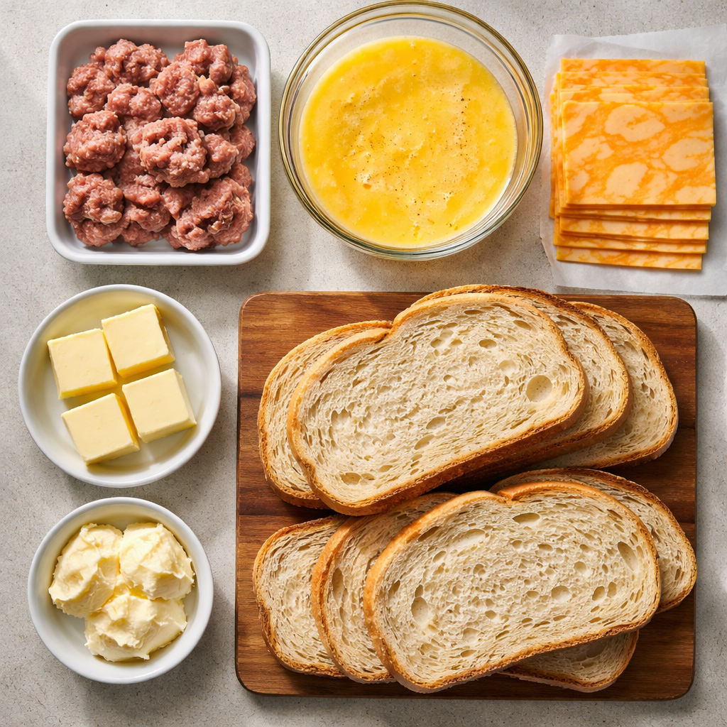 breakfast grilled cheese sandwich cooking in a skillet with melted cheese and eggs sizzling