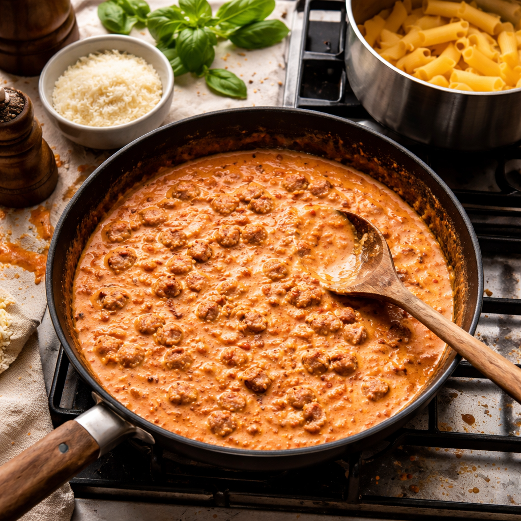 Creamy Sausage Rigatoni preparation photo