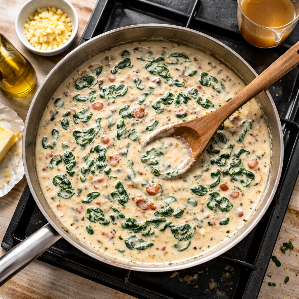 Creamy Tuscan Spinach & Steak Bites Tortellini in 30 Minutes preparation photo