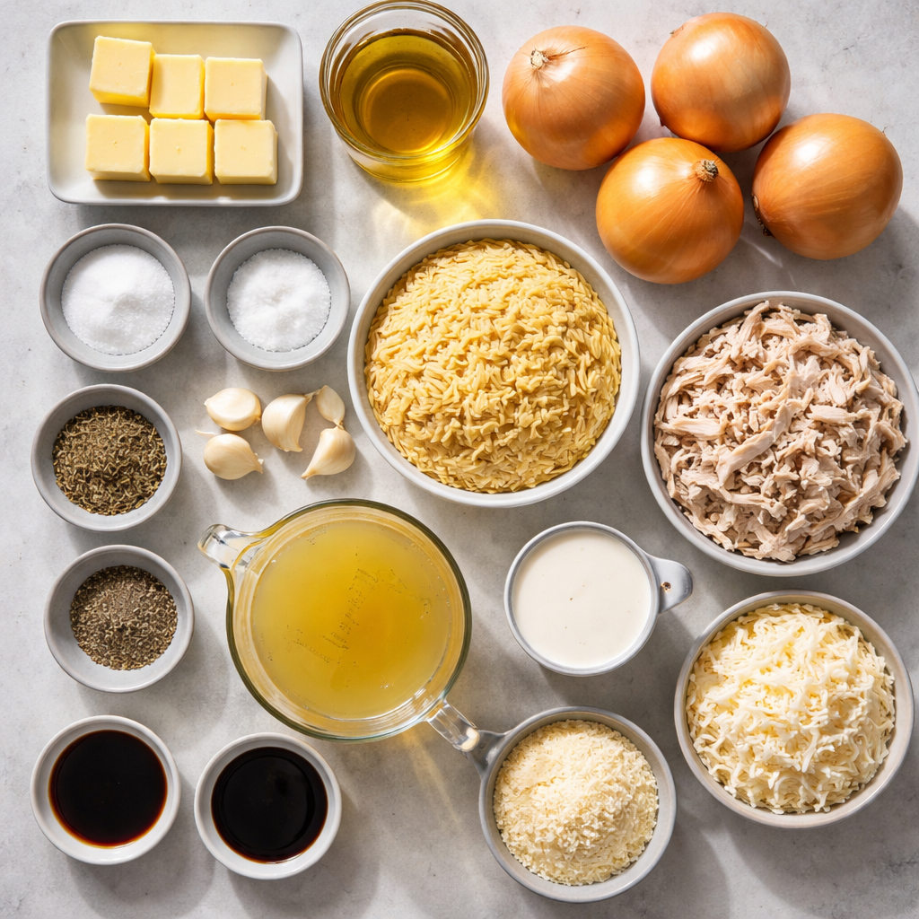 French Onion Chicken Orzo Casserole ingredients photo