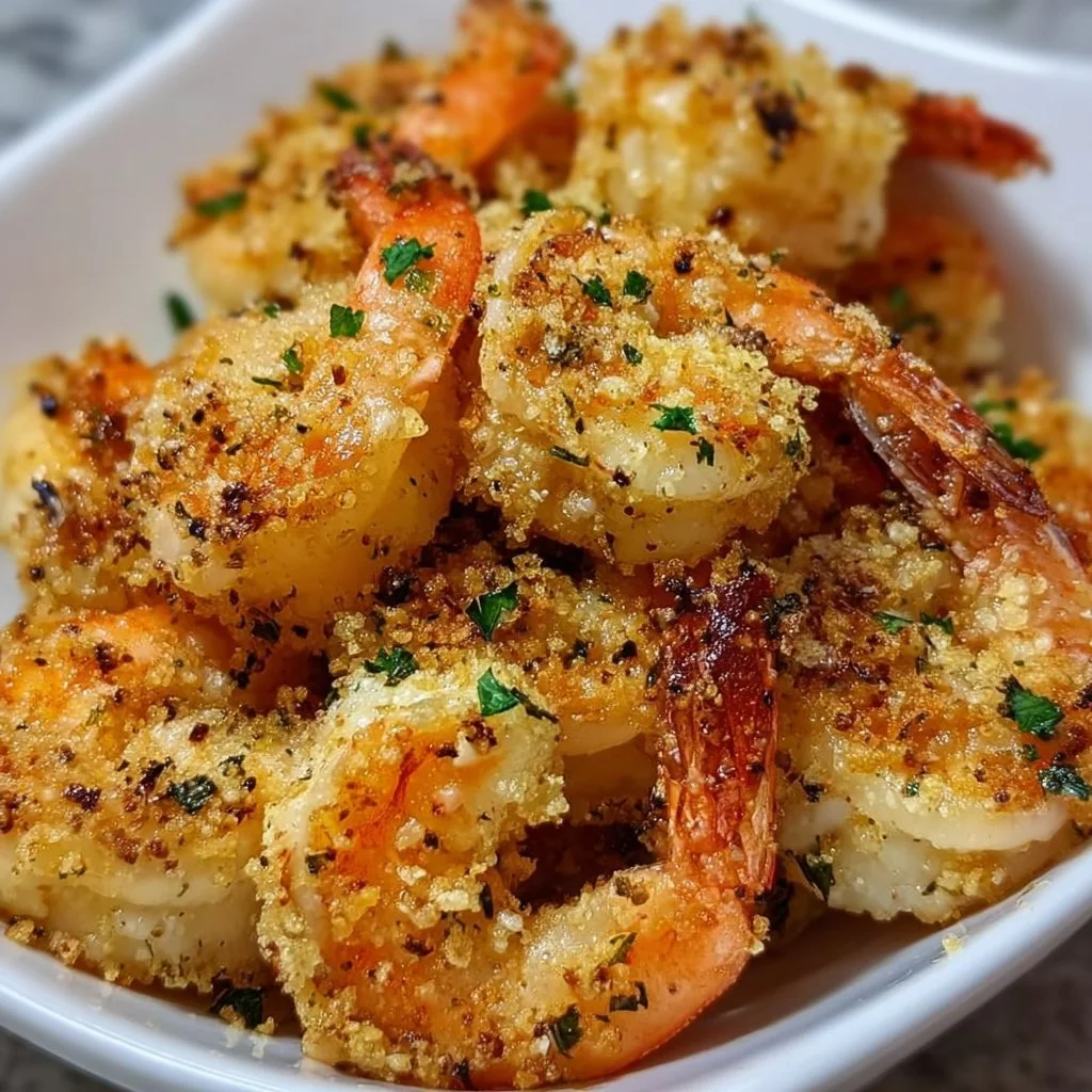 Plate of air fryer garlic parmesan shrimp garnished with parsley