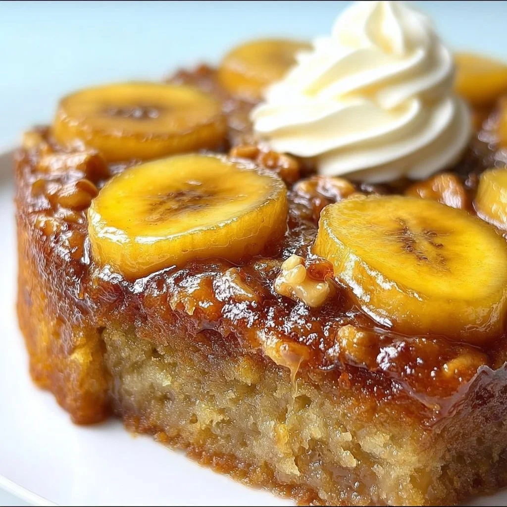 Delicious banana upside down cake topped with caramelized bananas and nuts