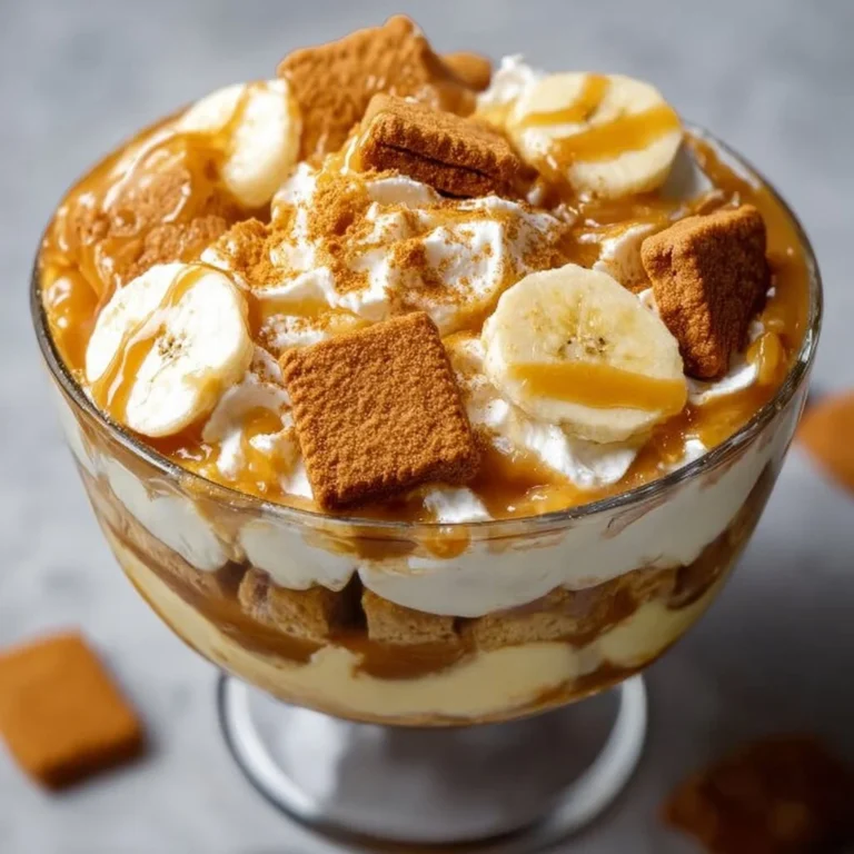 Delicious Biscoff Banana Pudding with Caramel in a glass bowl