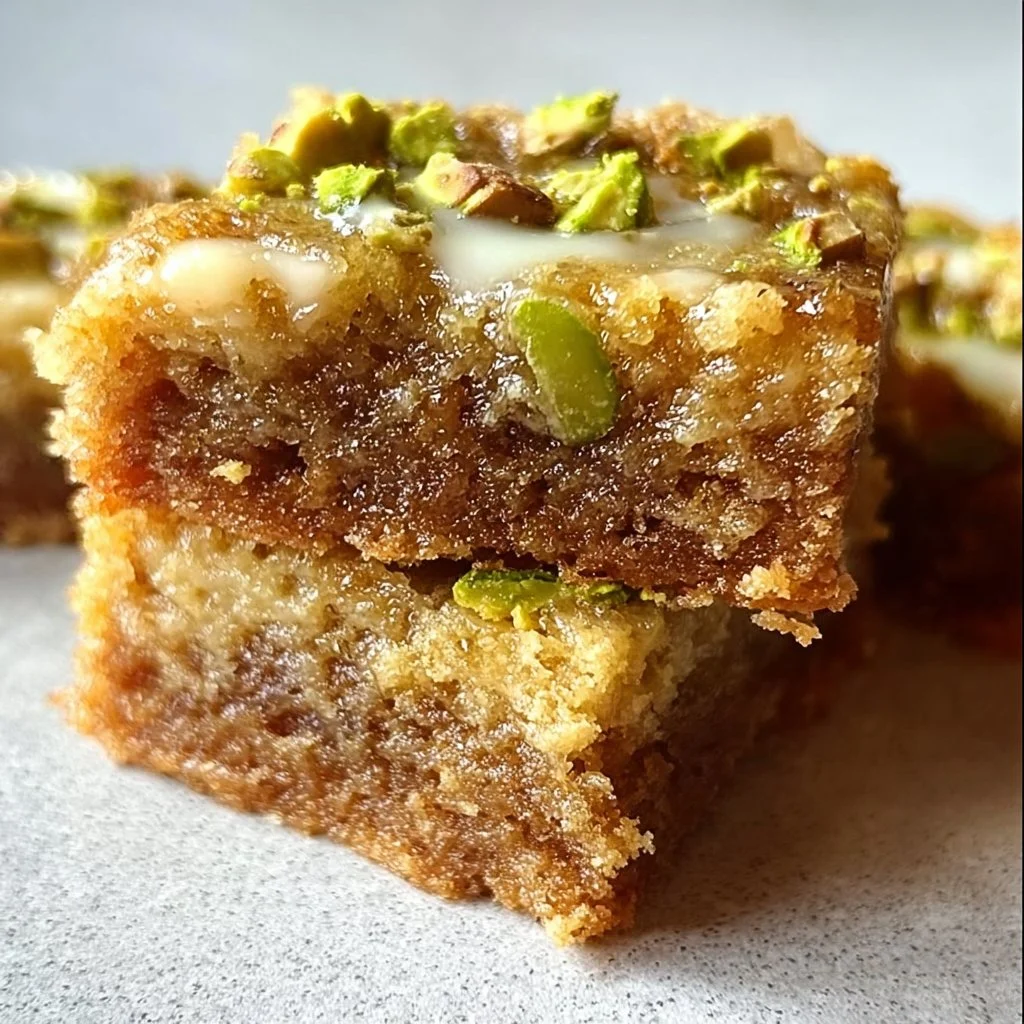 Delicious brown butter and honey pistachio cookie bars on a white plate