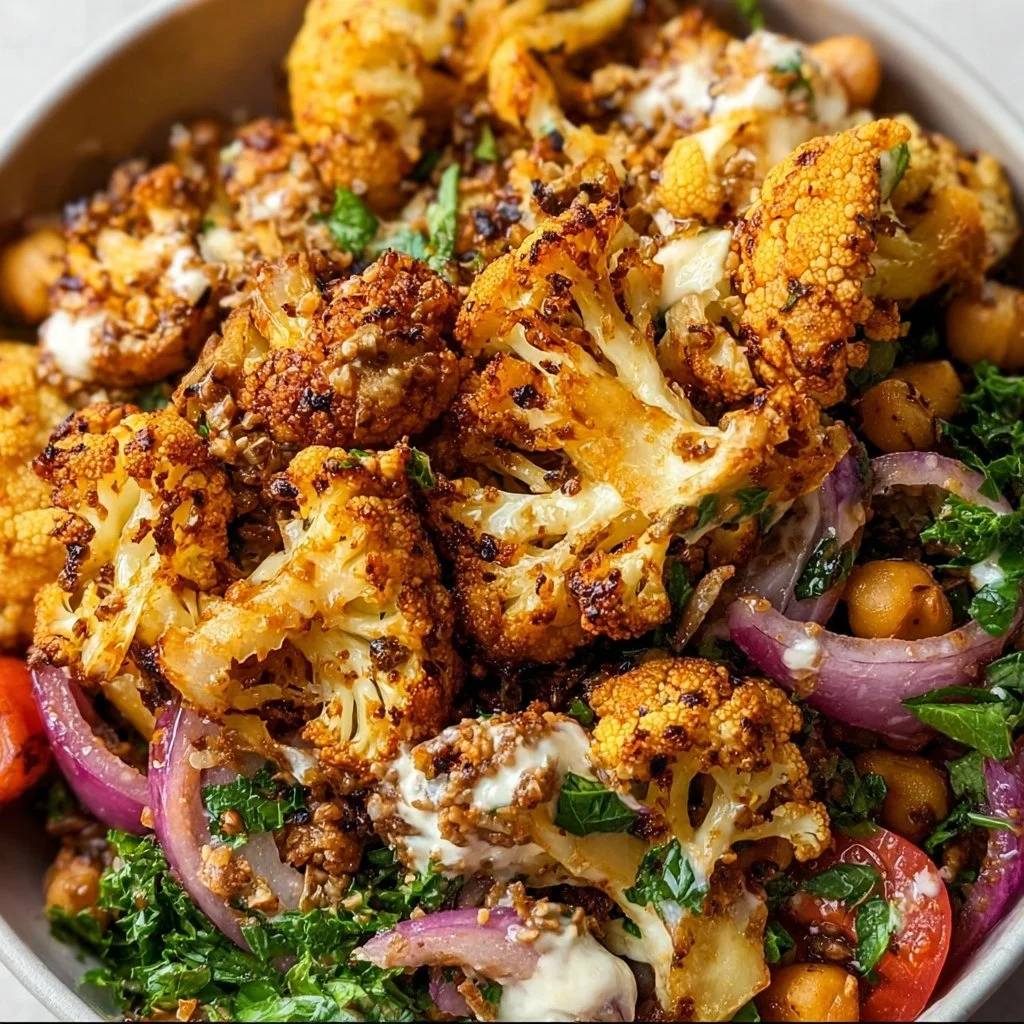 Delicious Cauliflower Shawarma Bowl ready to serve on a sheet pan.