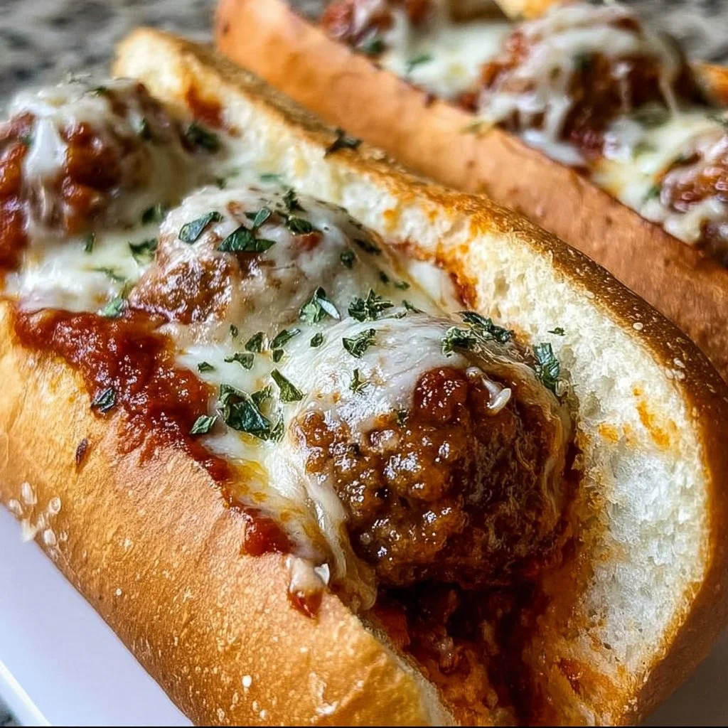 Delicious cheesy meatball subs topped with melted cheese and fresh herbs