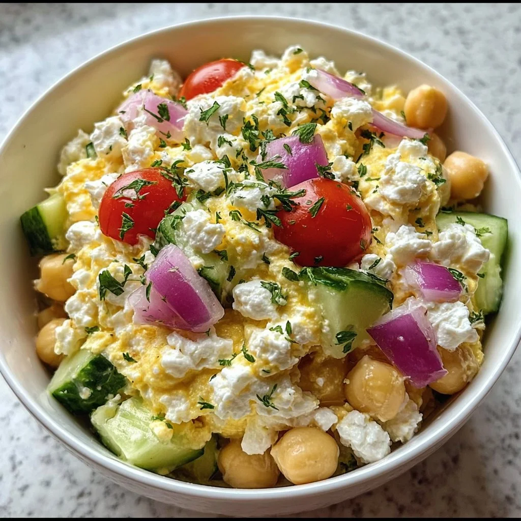 Cottage cheese salad with chickpeas and fresh vegetables in a bowl