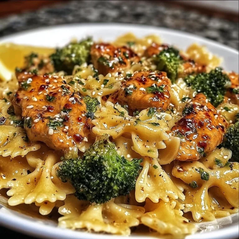 Delicious Cowboy Butter Lemon Bowtie Chicken served with broccoli for dinner