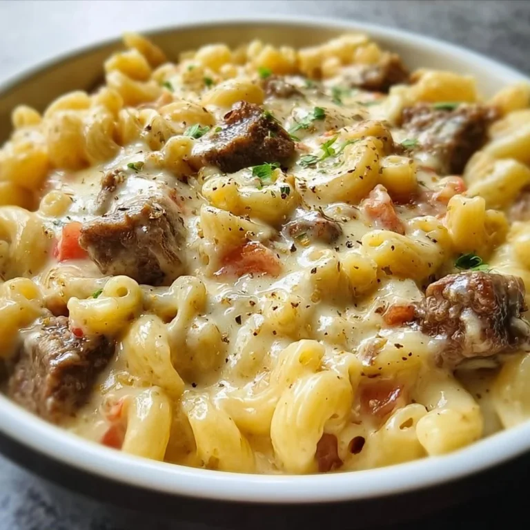 Creamy steak queso mac topped with melted cheese and garnished with herbs