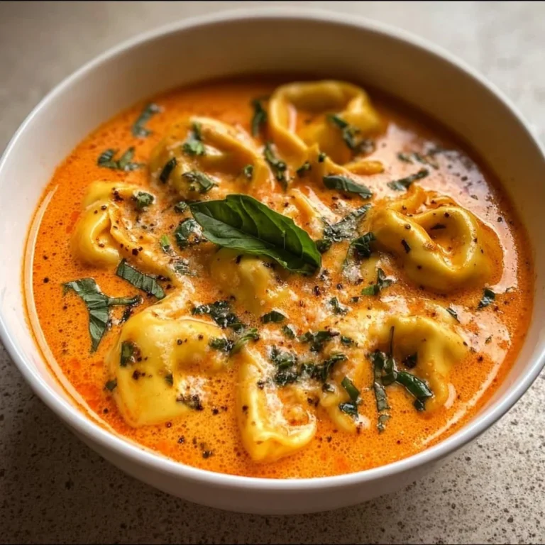 Bowl of creamy tomato tortellini soup garnished with basil