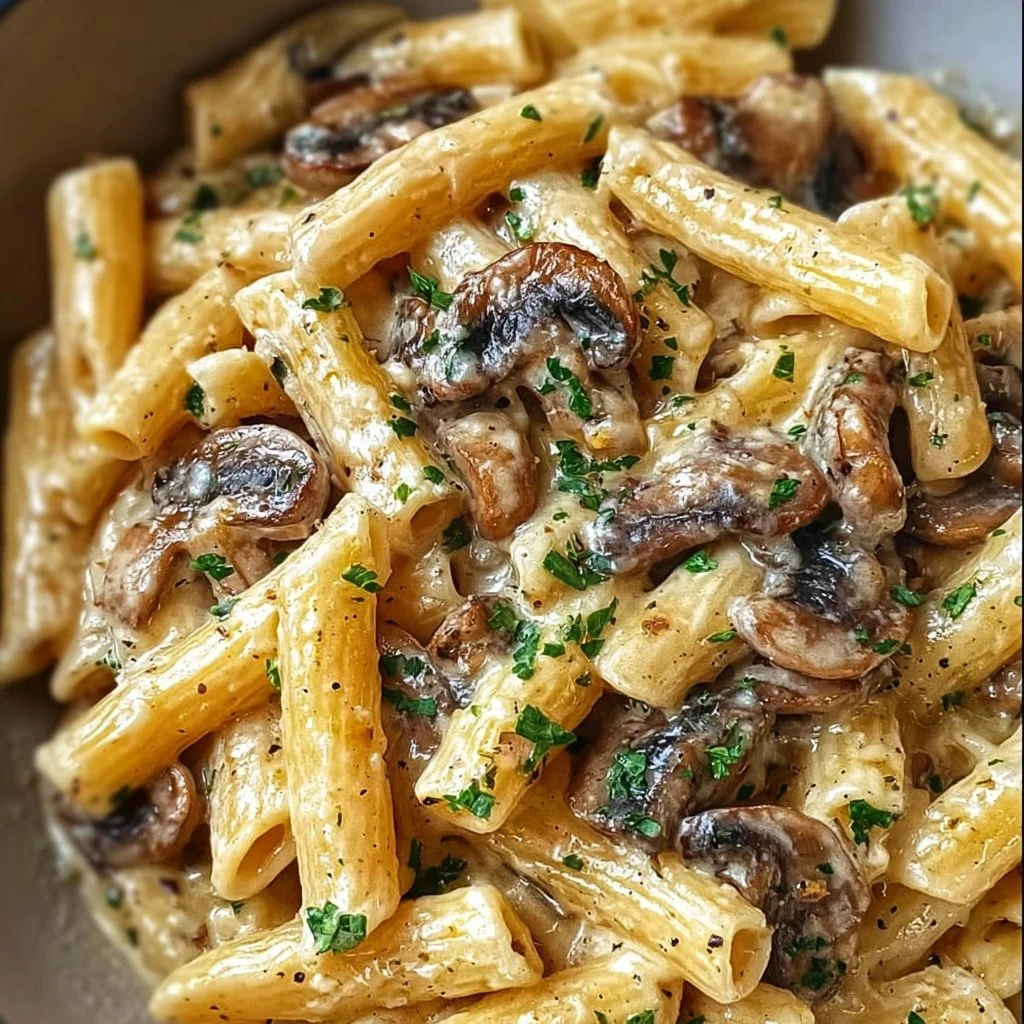 Creamy Tuscan mushroom pasta skillet with herbs and toppings