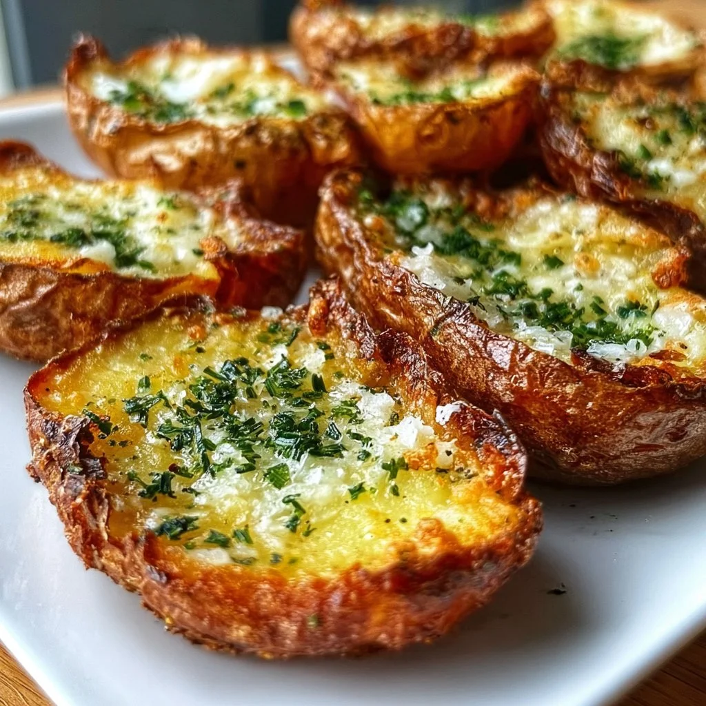 Crispy garlic herb roasted potato skins garnished with fresh herbs