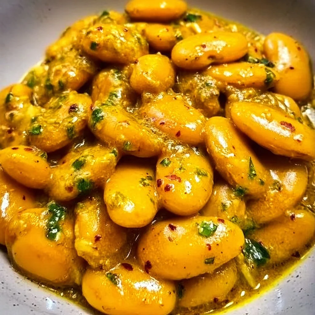 Plate of flavorful curried butter beans garnished with herbs